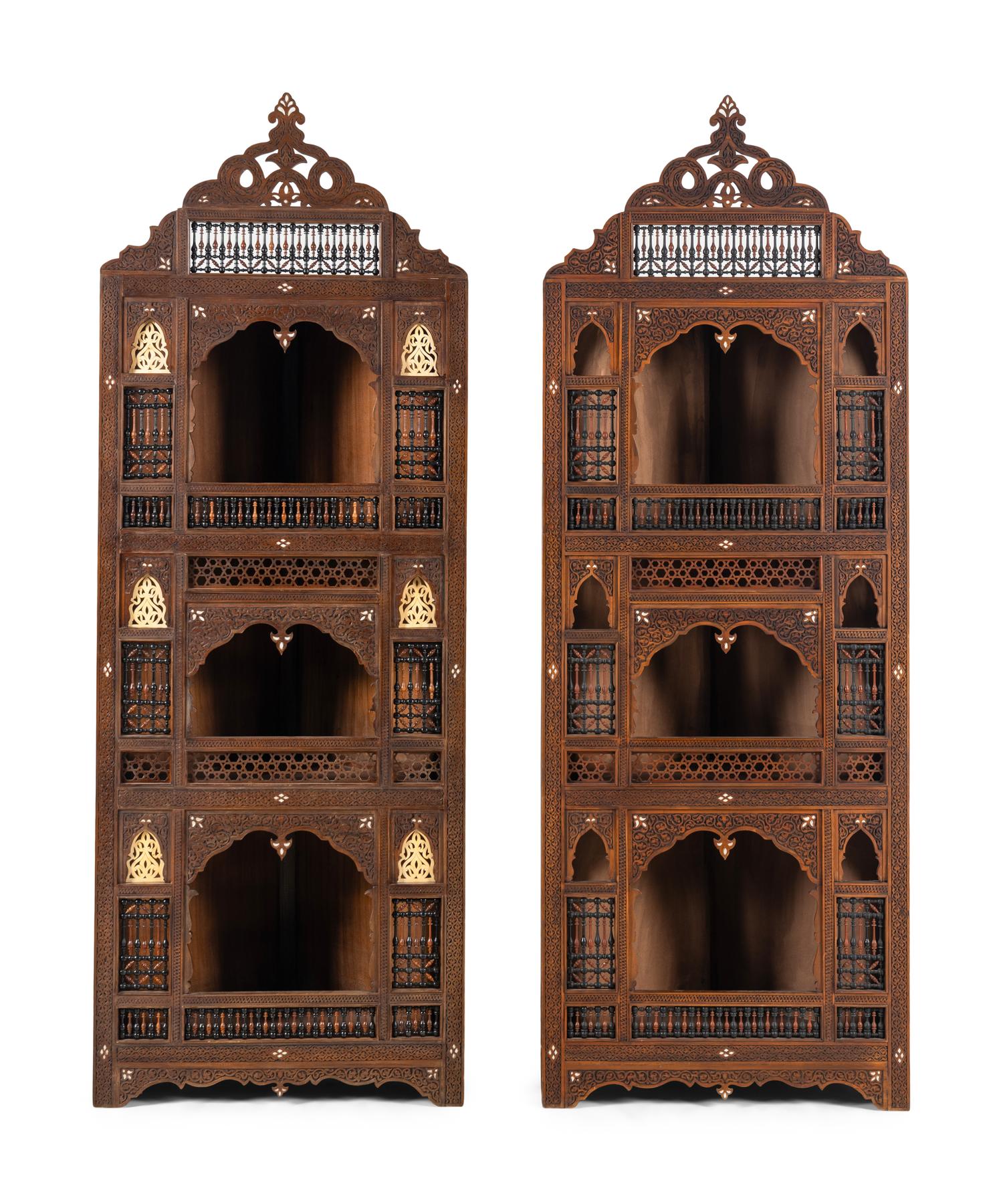A Pair of Syrian Mother-of-Pearl Inlaid Corner Cabinets