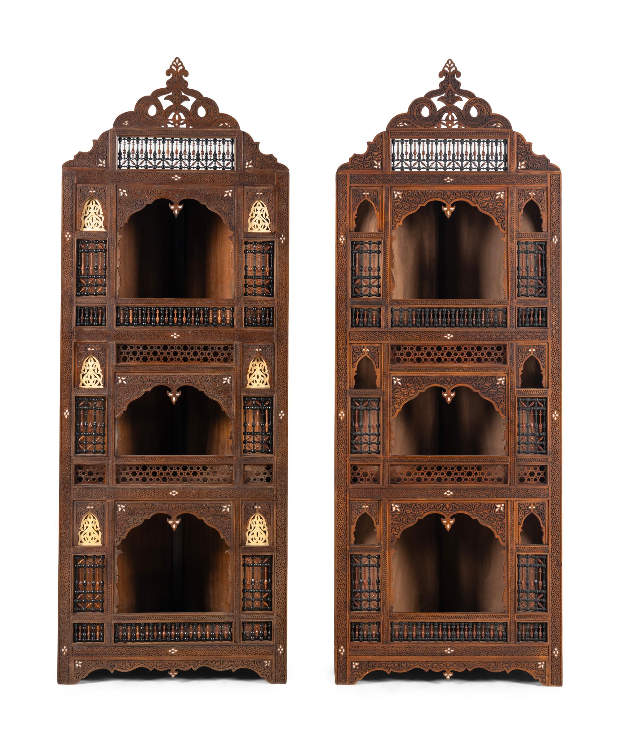 A Pair of Syrian Mother-of-Pearl Inlaid Corner Cabinets