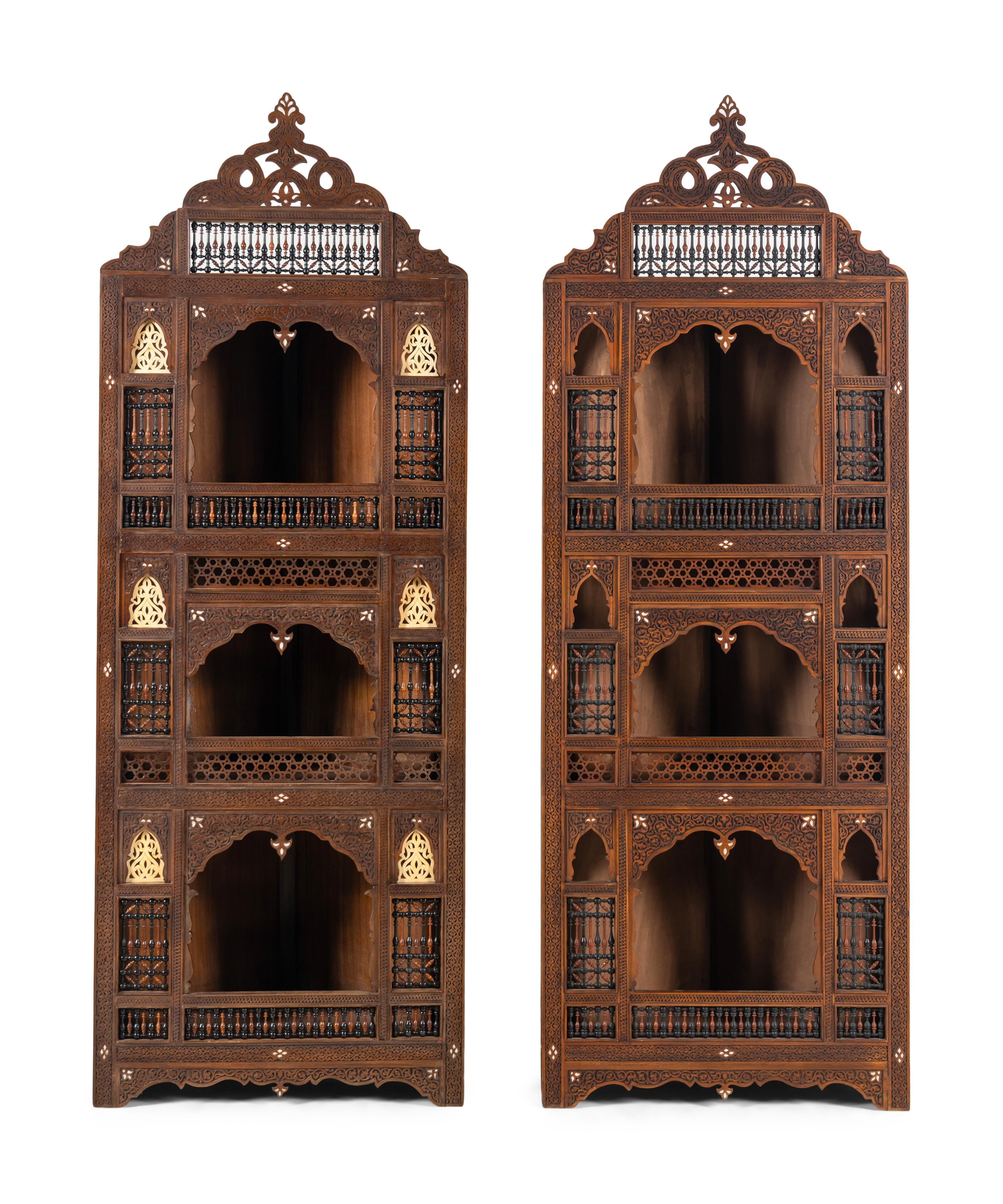 A Pair of Syrian Mother-of-Pearl Inlaid Corner Cabinets