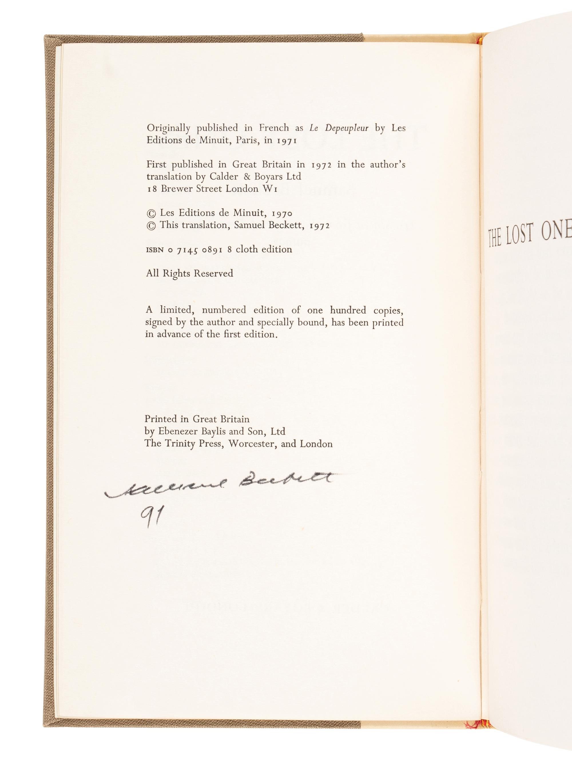 BECKETT, Samuel (1906-1989). The Lost Ones . London: Calder & Boyars, 1971.