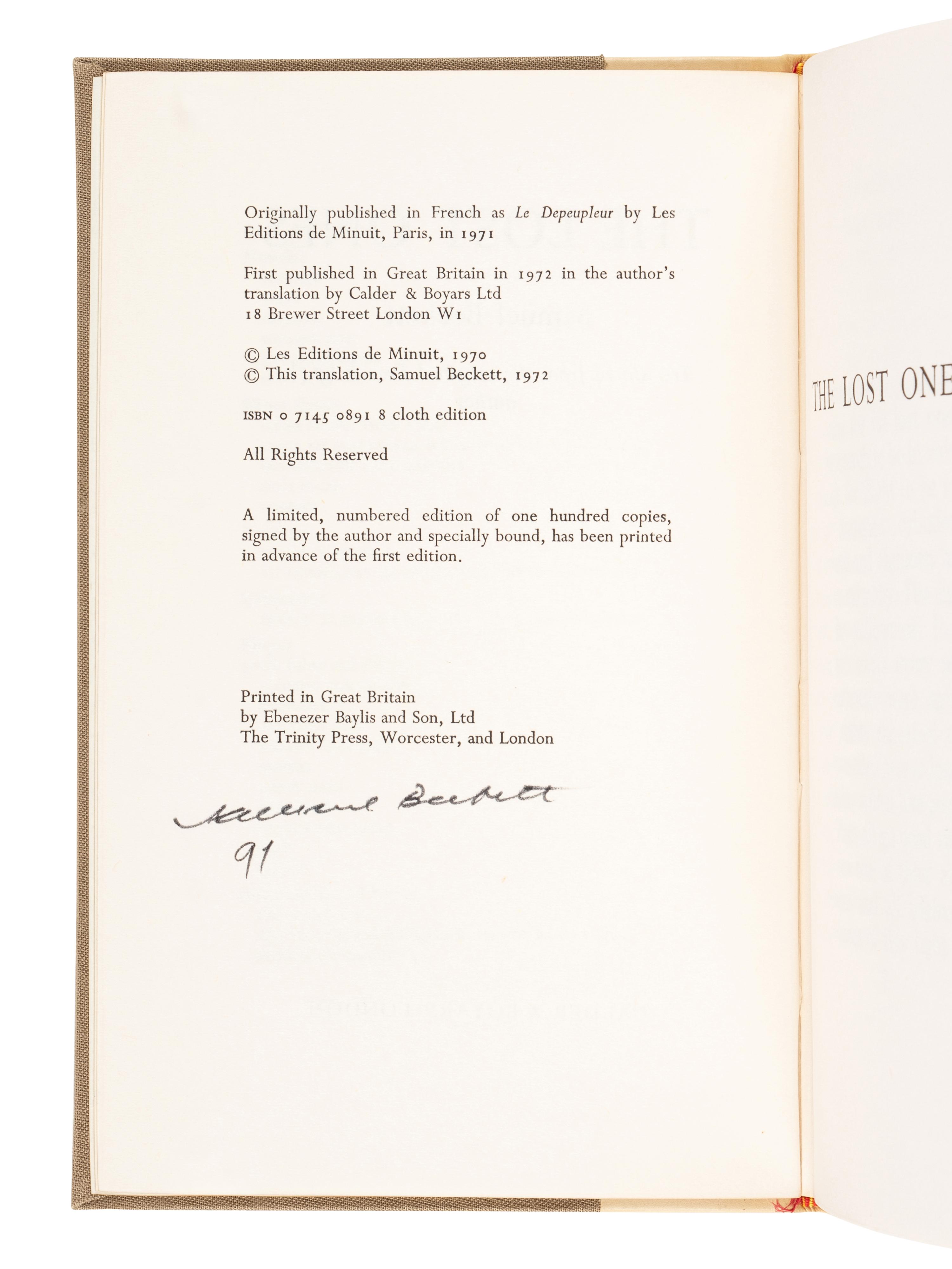 BECKETT, Samuel (1906-1989). The Lost Ones . London: Calder & Boyars, 1971.