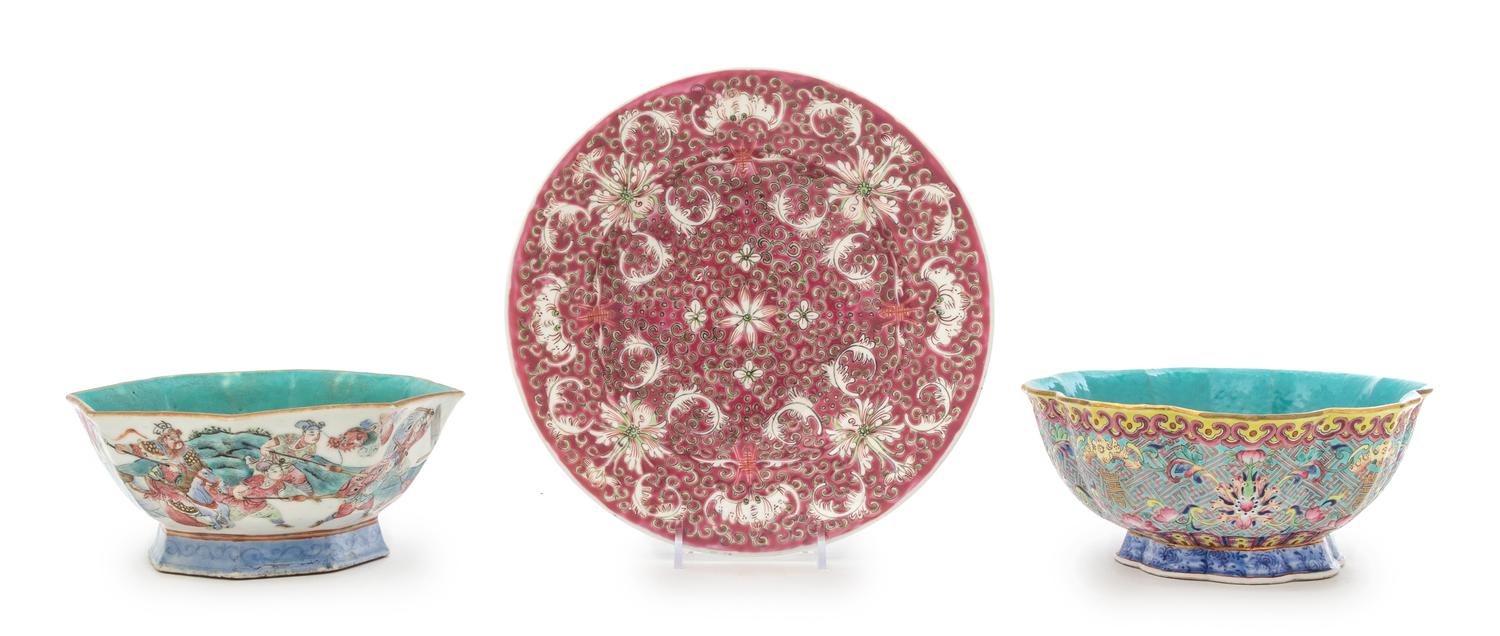 Three Famille Rose Porcelain Dishes Diameter of largest 9 inches.