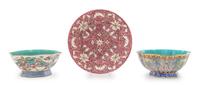 Three Famille Rose Porcelain Dishes Diameter of largest 9 inches.