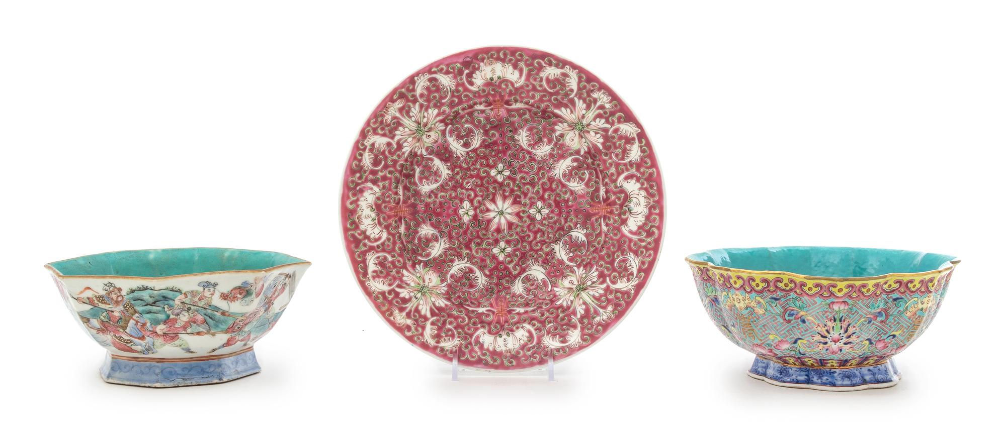 Three Famille Rose Porcelain Dishes Diameter of largest 9 inches.