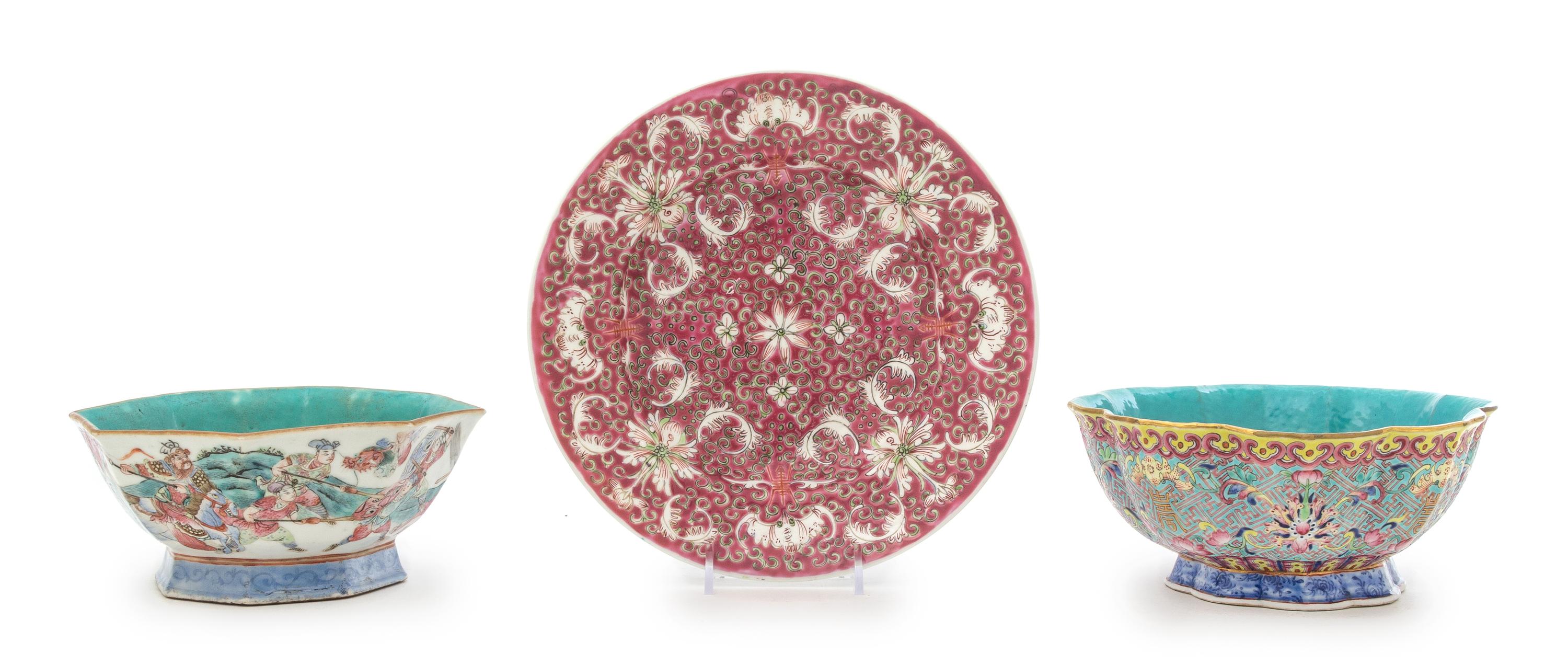 Three Famille Rose Porcelain Dishes Diameter of largest 9 inches.