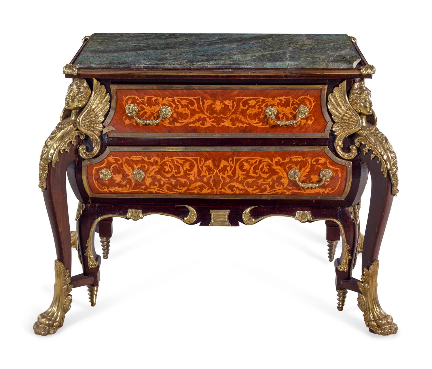 A Louis XIV Style Gilt Metal Mounted Marquetry Marble-Top Commode After the Model by André-Charles Boulle