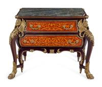A Louis XIV Style Gilt Metal Mounted Marquetry Marble-Top Commode After the Model by André-Charles Boulle
