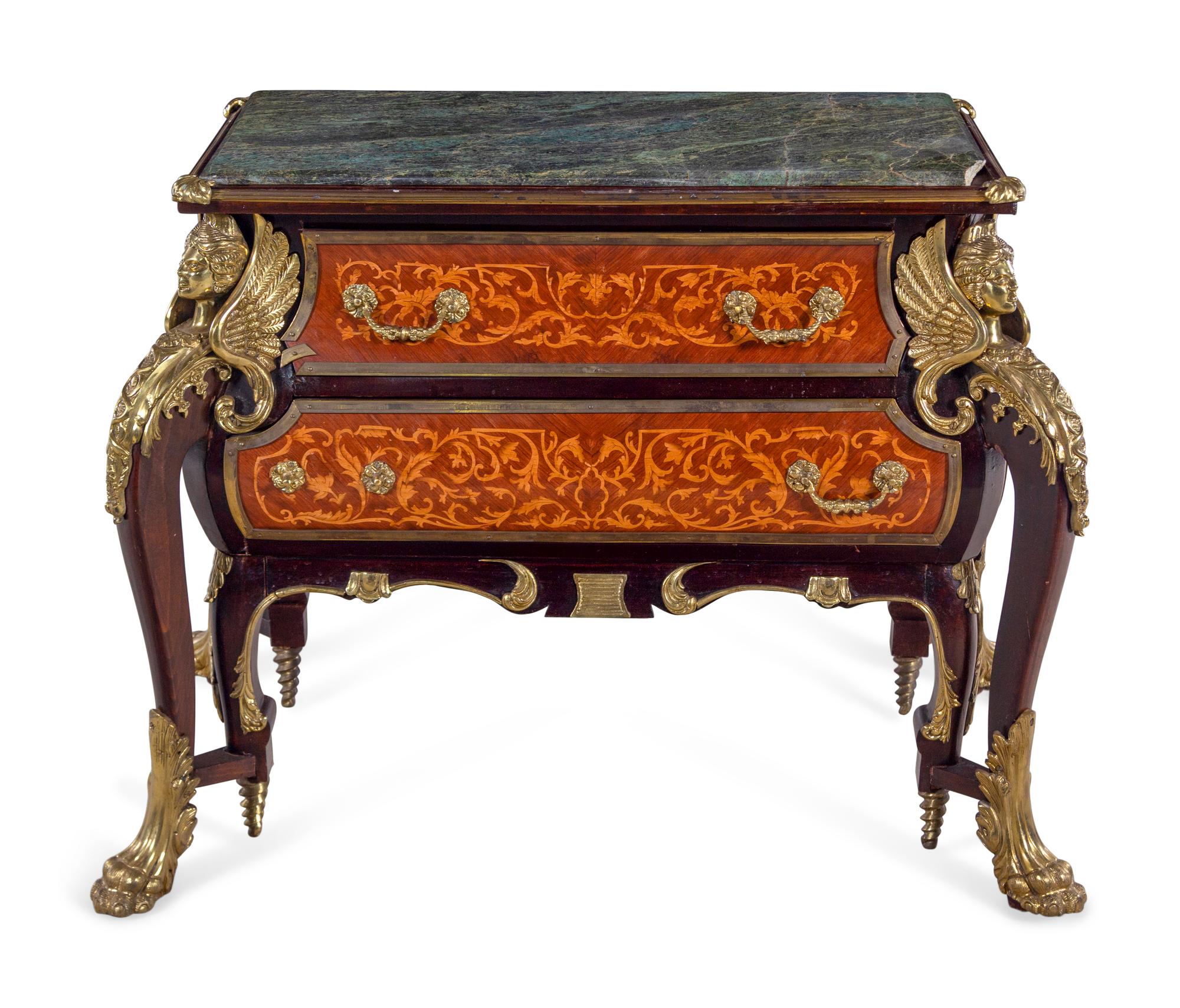 A Louis XIV Style Gilt Metal Mounted Marquetry Marble-Top Commode After the Model by André-Charles Boulle