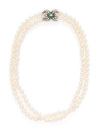 CULTURED PEARL, EMERALD AND DIAMOND NECKLACE