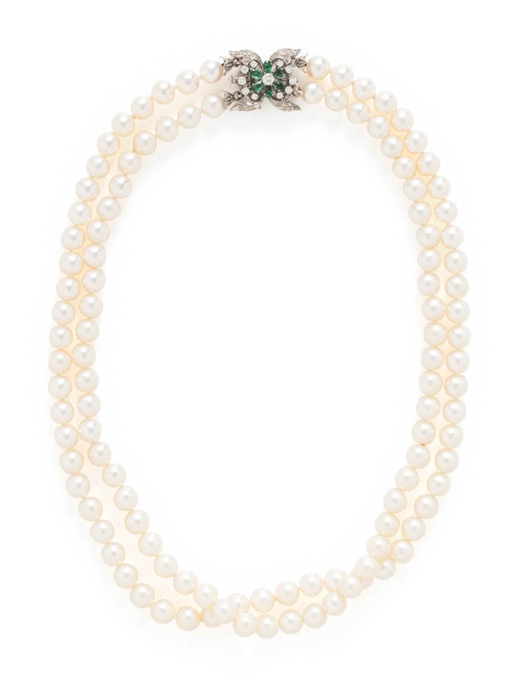CULTURED PEARL, EMERALD AND DIAMOND NECKLACE