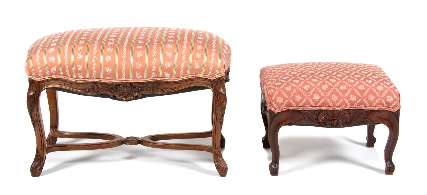 Louis XV Style Carved Walnut Bench and Foot Stool Larger, height 20 x width 30 x depth 20 inches. — 19TH CENTURY