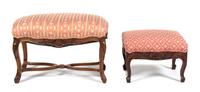 Louis XV Style Carved Walnut Bench and Foot Stool Larger, height 20 x width 30 x depth 20 inches. — 19TH CENTURY