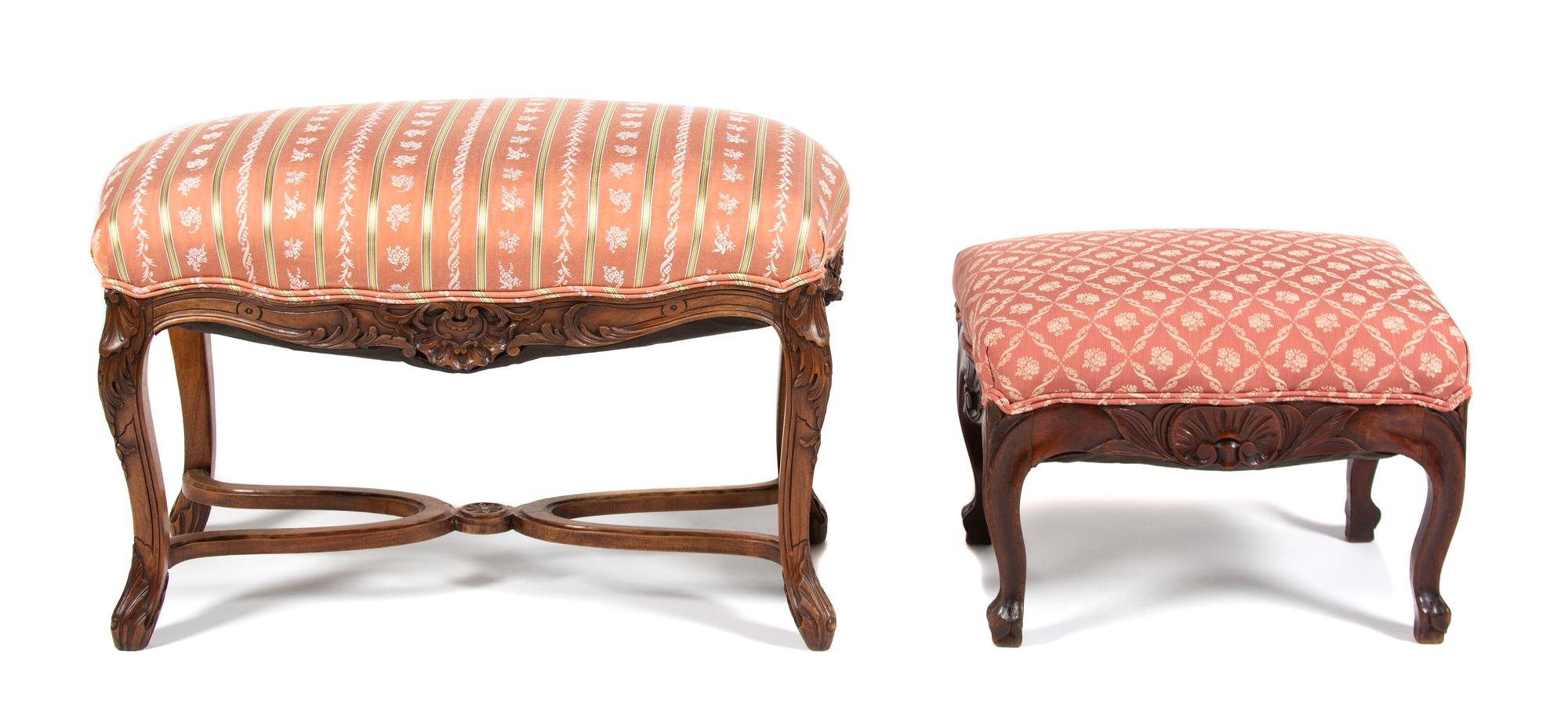 Louis XV Style Carved Walnut Bench and Foot Stool Larger, height 20 x width 30 x depth 20 inches. — 19TH CENTURY