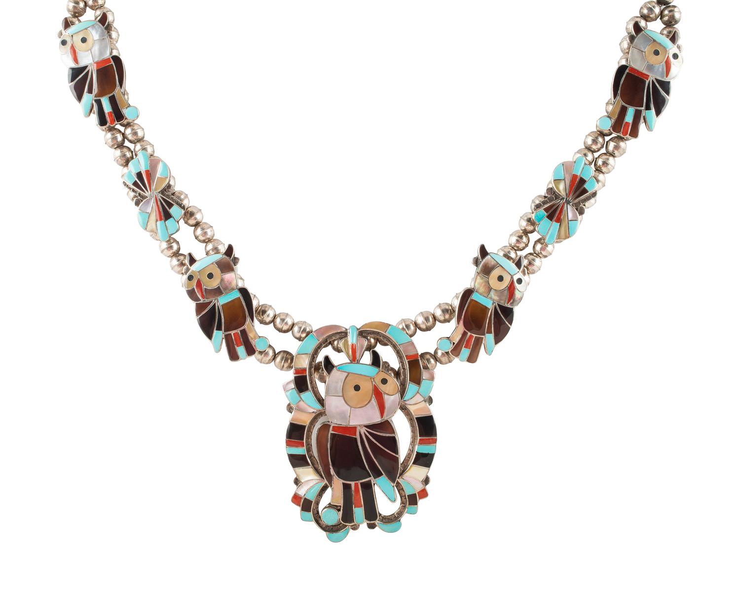 Zuni Channel Inlay Owl Necklace
