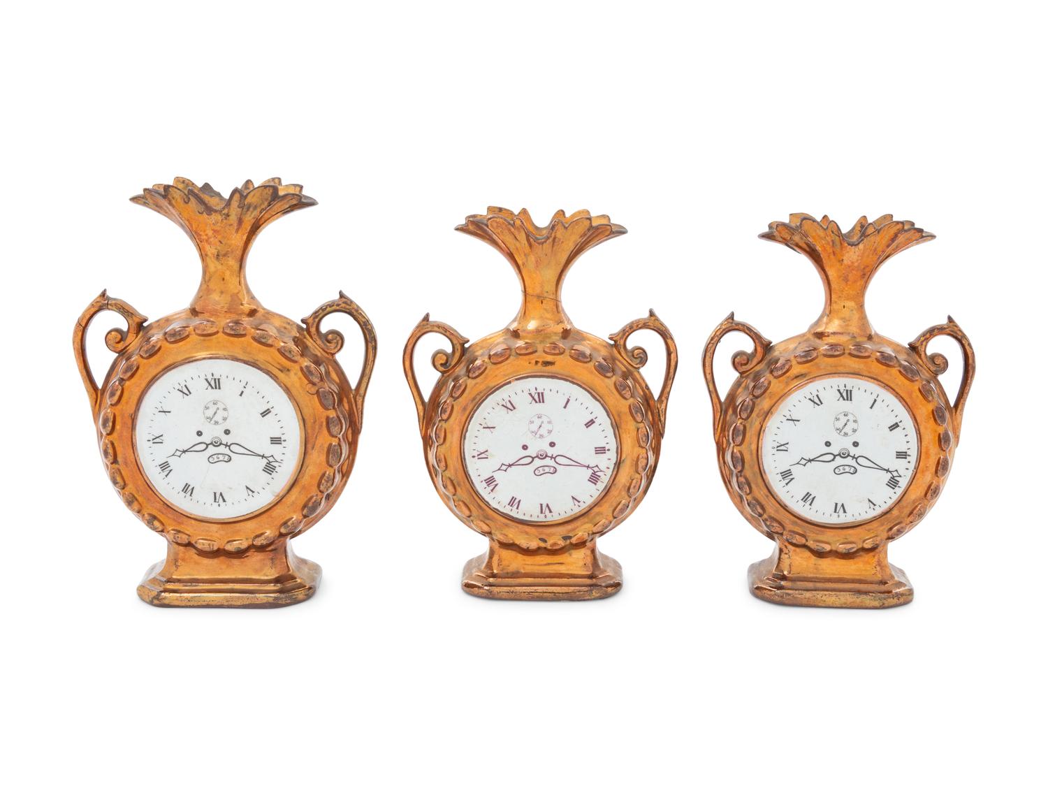 Three English Copper Lusterware Clock Vases — 19TH CENTURY