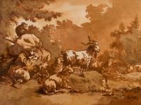 Two Works: A Fluting Shepherd with Family and Flock, and Resting Shepherds with Flock