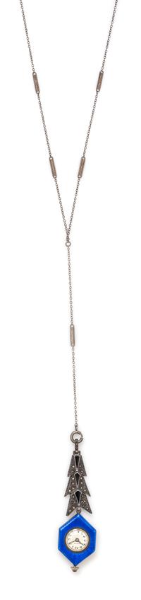 A Sterling Silver, Enamel and Marcasite Pendant Watch, Albuse, 19.80 dwts.
