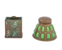 A Tiffany Studios Patinated Bronze and Glass Inkwell and a Pine Needle Pattern Card Holder — CIRCA 1900