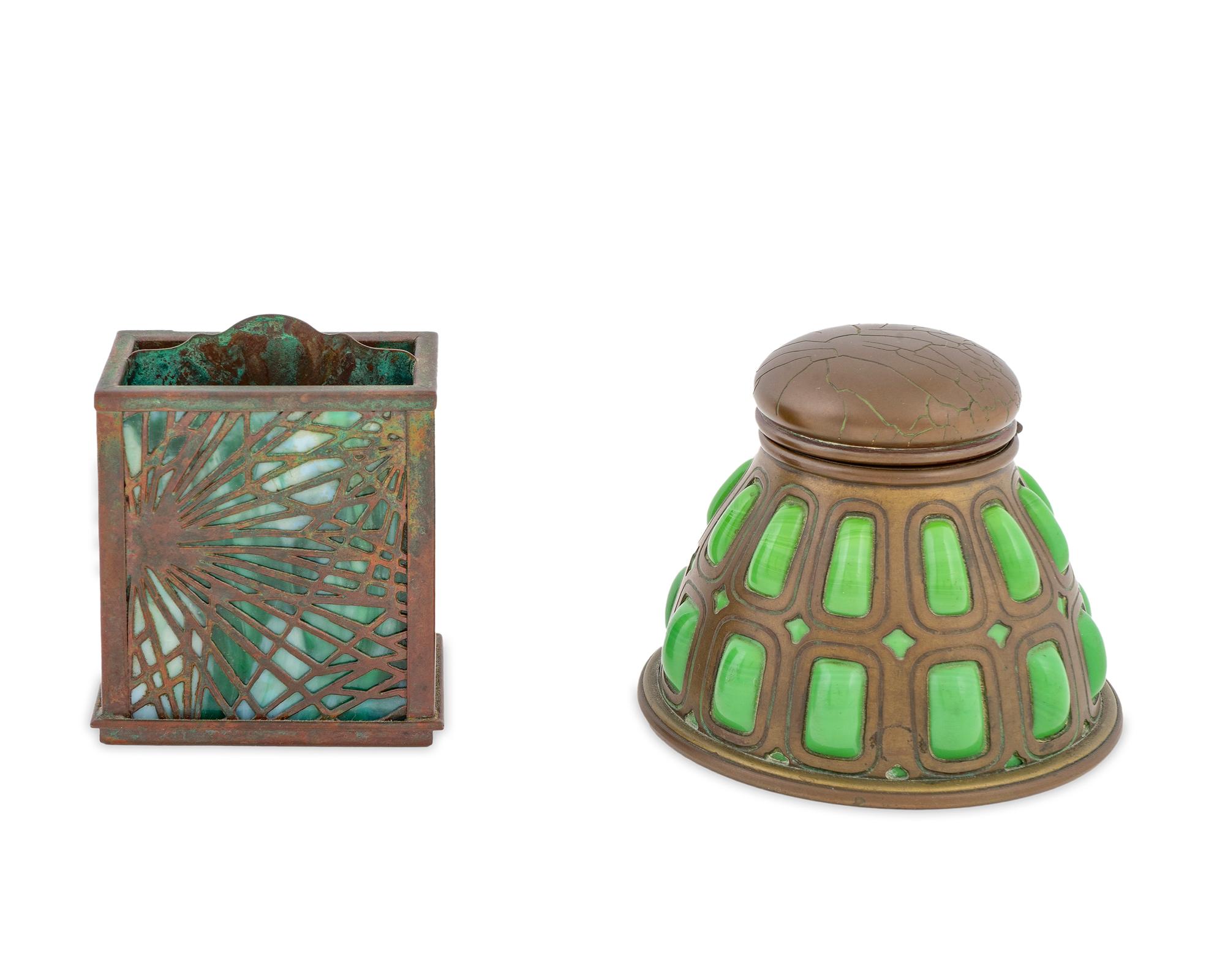 A Tiffany Studios Patinated Bronze and Glass Inkwell and a Pine Needle Pattern Card Holder — CIRCA 1900
