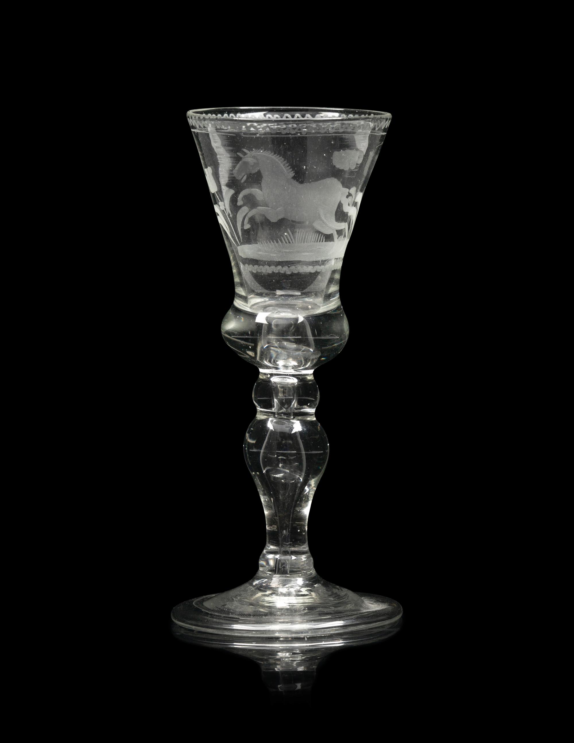 A Rare Hanoverian Engraved Baluster Stem Wine Glass