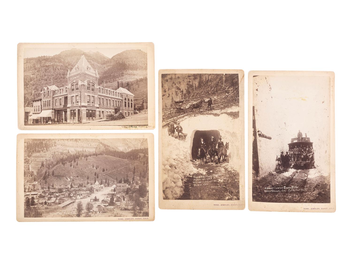 [COLORADO]. MOORE, G.W., photographer. A group of 4 boudoir cards featuring scenes around Ouray. Ouray, CO: Rose, Jeweler, [ca 1890s].