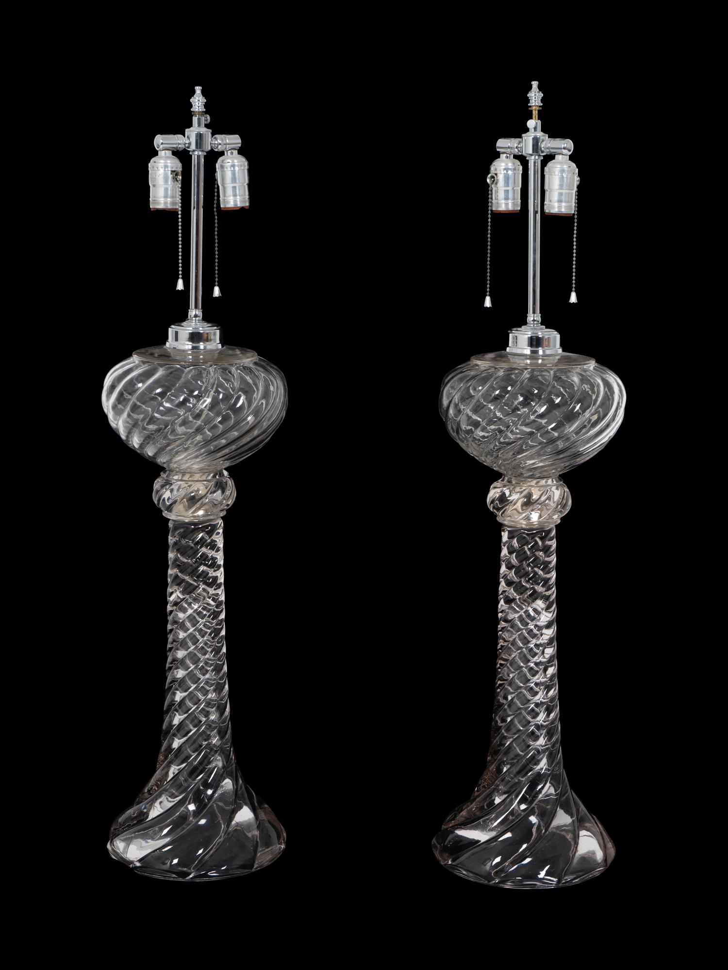 A Pair of Baccarat Blown Glass Oil Lamps Mounted as Table Lamps — 20TH CENTURY