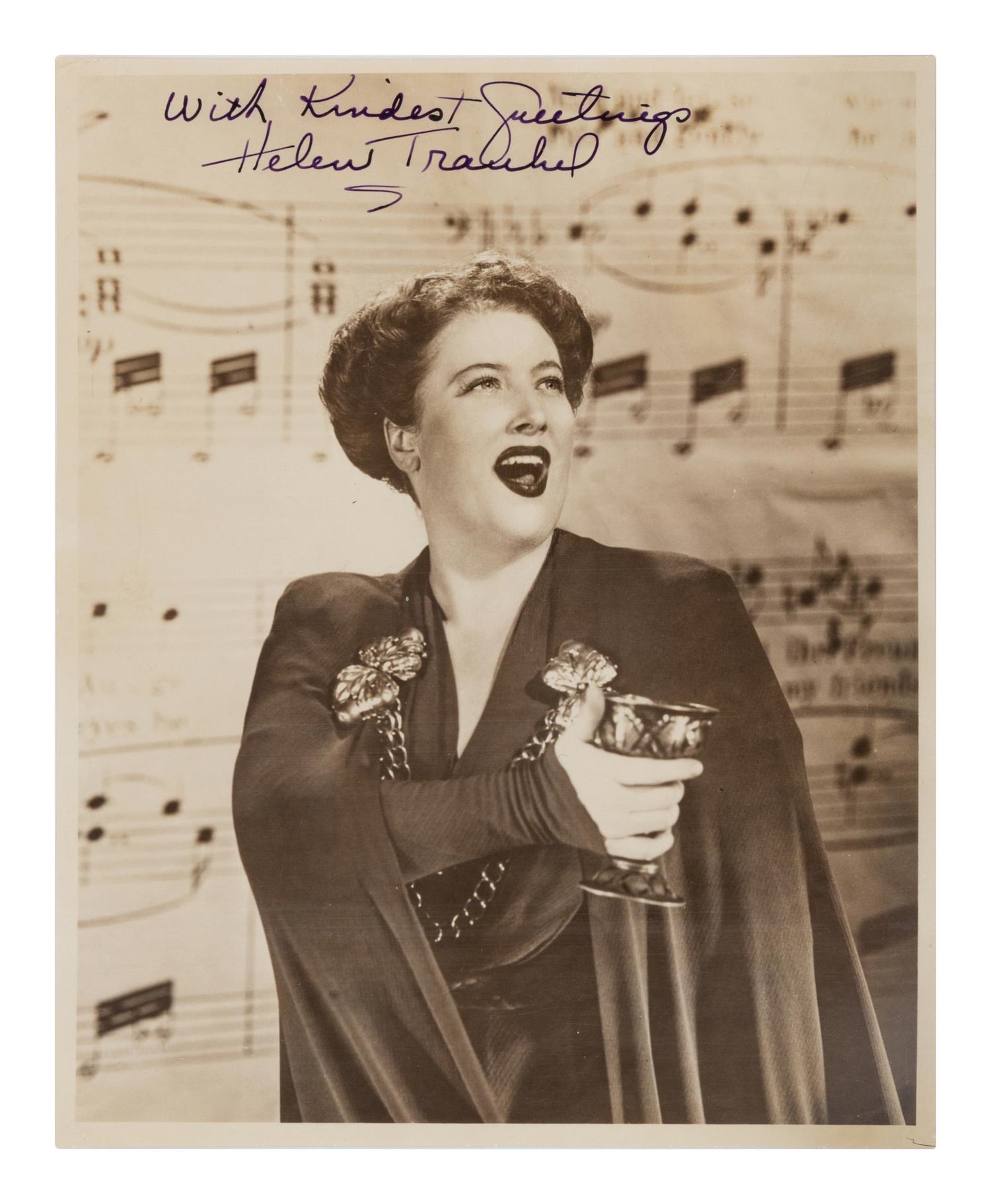 TRAUBEL, Helen (1899-1972). Black and white portrait photograph signed and inscribed (“With Kindest Greetings Helen Traubel”), n.d.