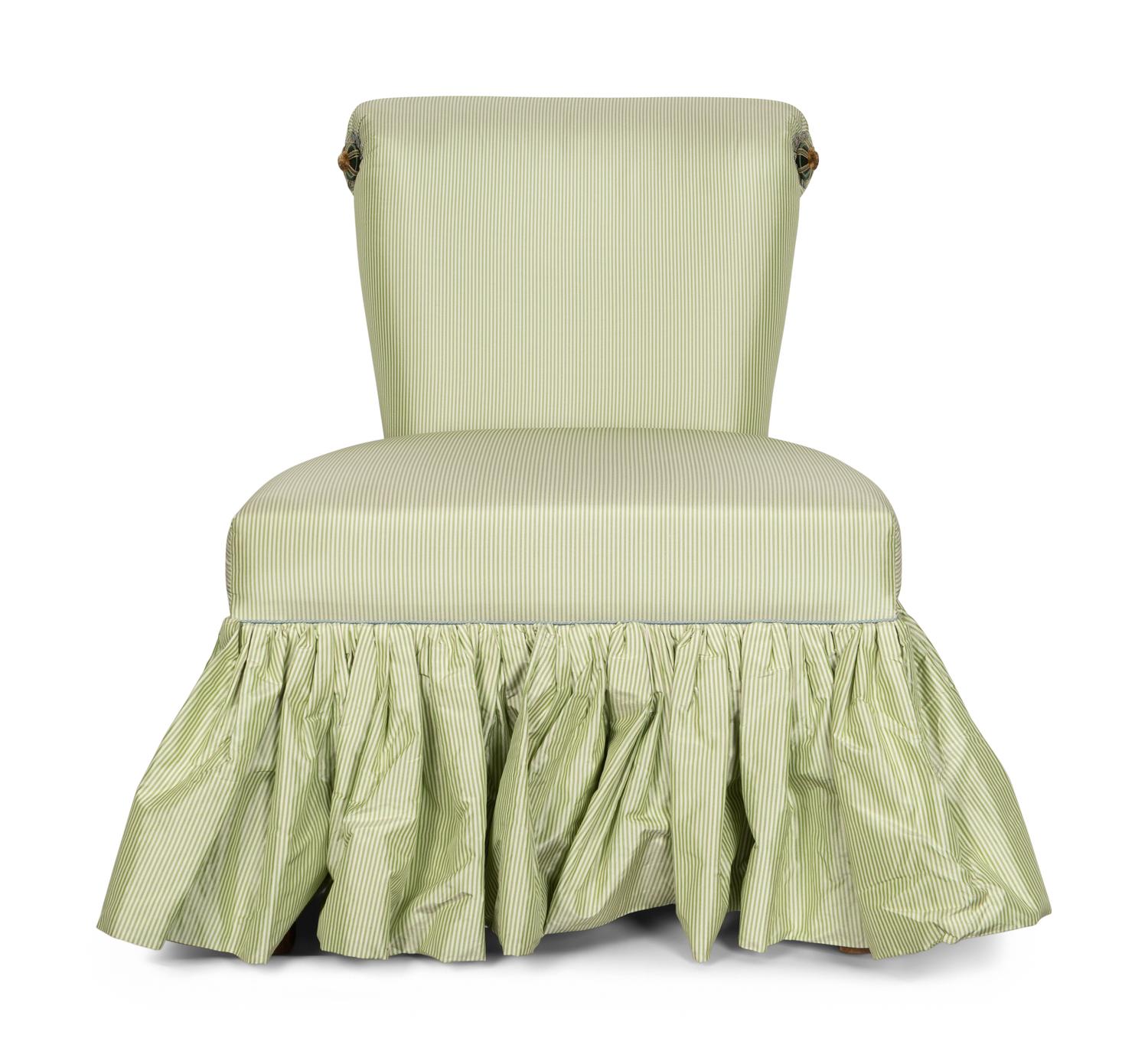 A Roll-Back Satin-Upholstered Skirted Slipper Chair