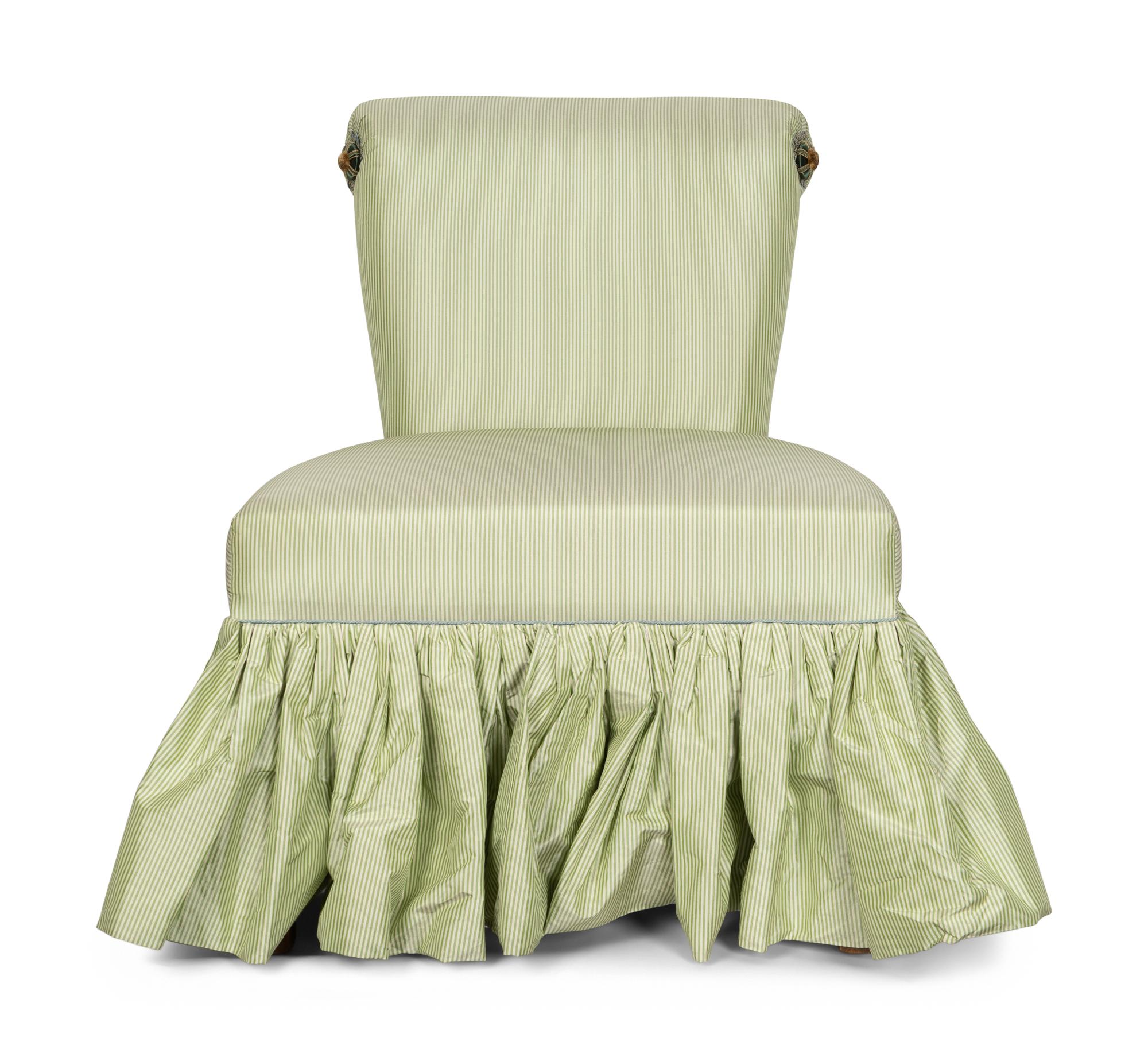 A Roll-Back Satin-Upholstered Skirted Slipper Chair