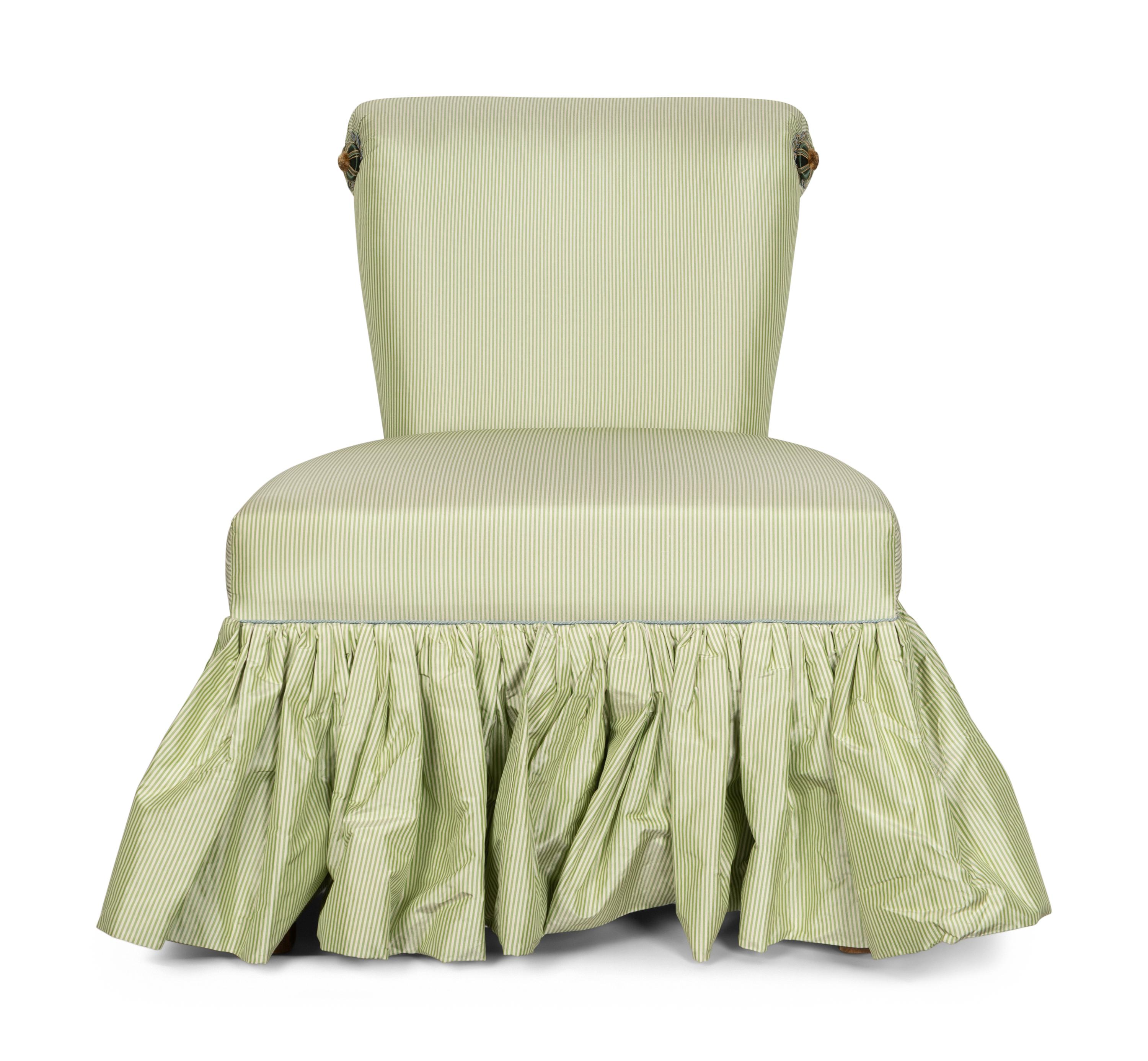 A Roll-Back Satin-Upholstered Skirted Slipper Chair