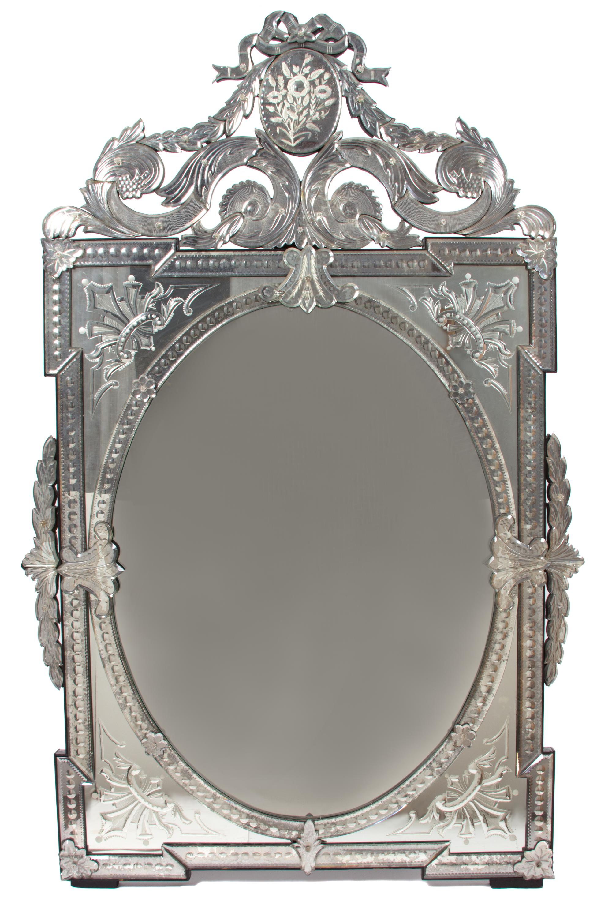 A Venetian Glass Framed Mirror Height 57 x width 37 inches. — 20TH CENTURY