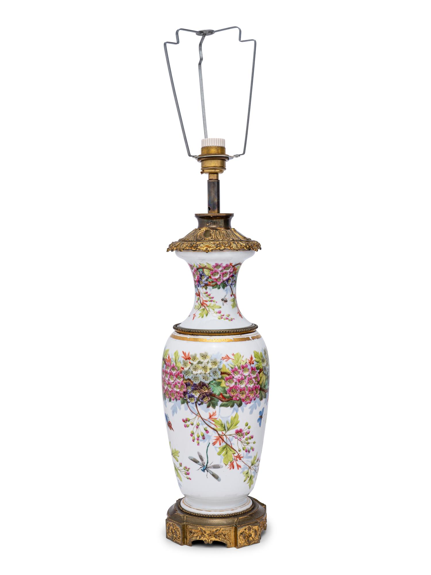 A French Painted Opaline Glass Vase Mounted as a Lamp