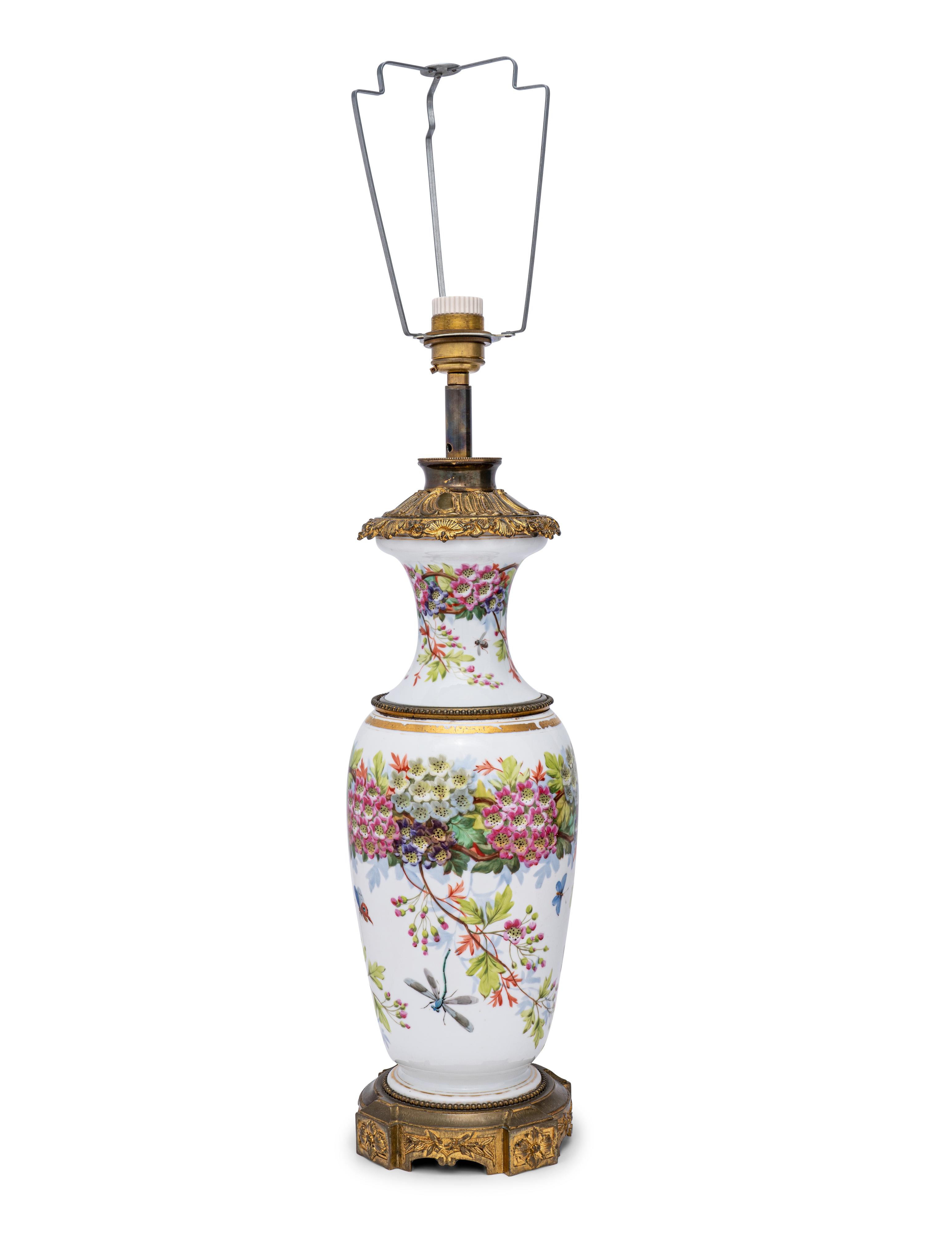 A French Painted Opaline Glass Vase Mounted as a Lamp