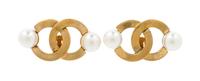 A Pair of Chanel Goldtone Logo Earclips, 2" x 1".