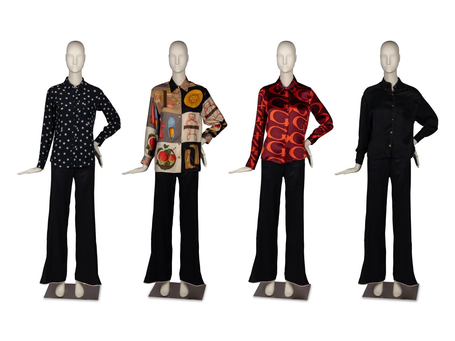 Group of Four Silk Tops by Chanel and Gucci, One Pair of Chanel Silk Pants