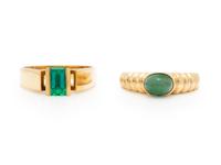 TWO YELLOW GOLD AND EMERALD RINGS