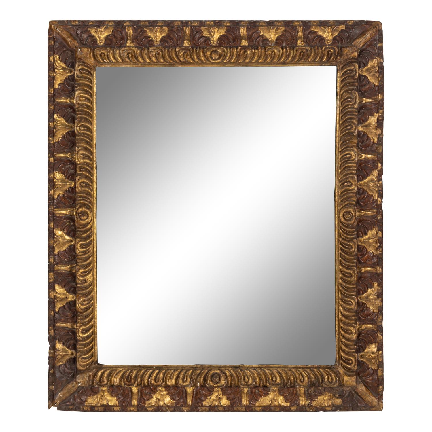 A Spanish Baroque Style Parcel Gilt and Paint Decorated Mirror