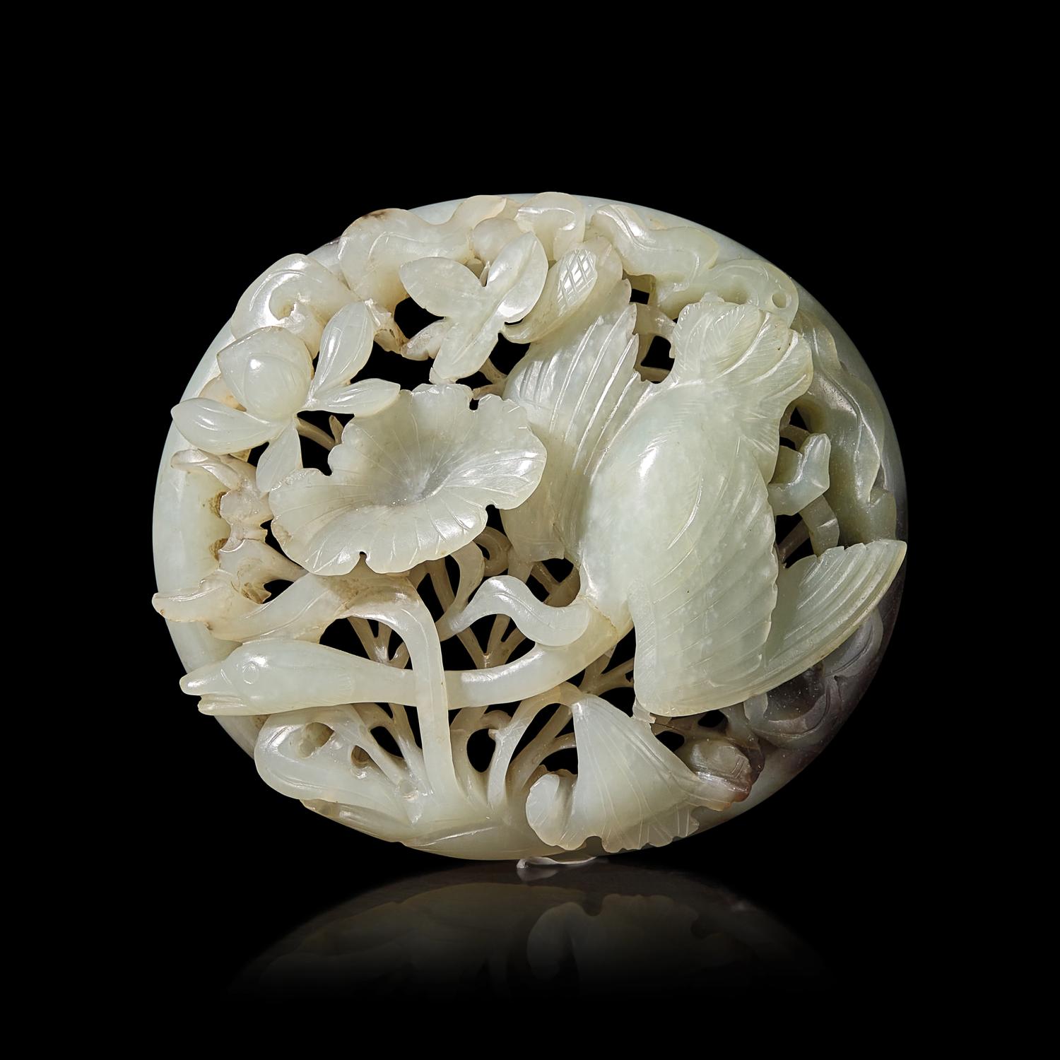 A Chinese Carved Jade "Spring Water" Plaque, Jin/Yuan Style — 金-元風格 玉鏤雕春水牌