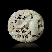 A Chinese Carved Jade "Spring Water" Plaque, Jin/Yuan Style — 金-元風格 玉鏤雕春水牌