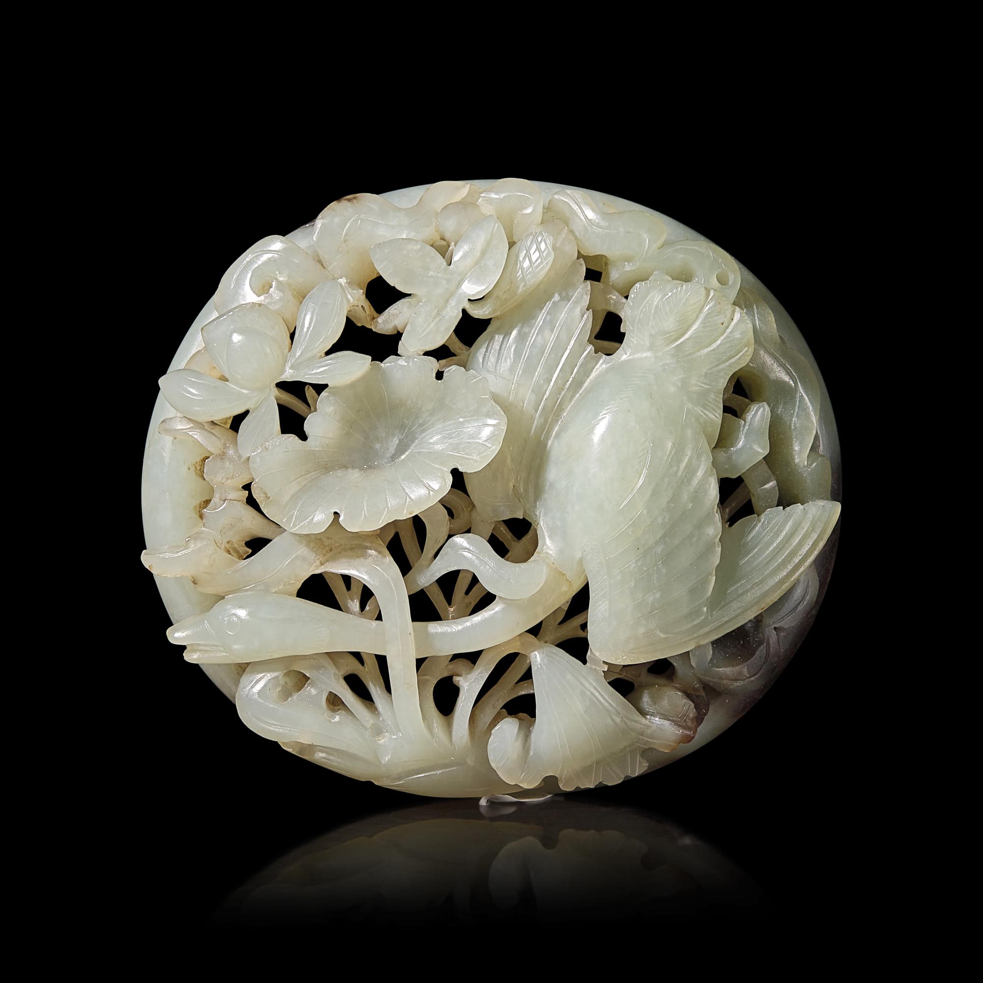 A Chinese Carved Jade "Spring Water" Plaque, Jin/Yuan Style — 金-元風格 玉鏤雕春水牌