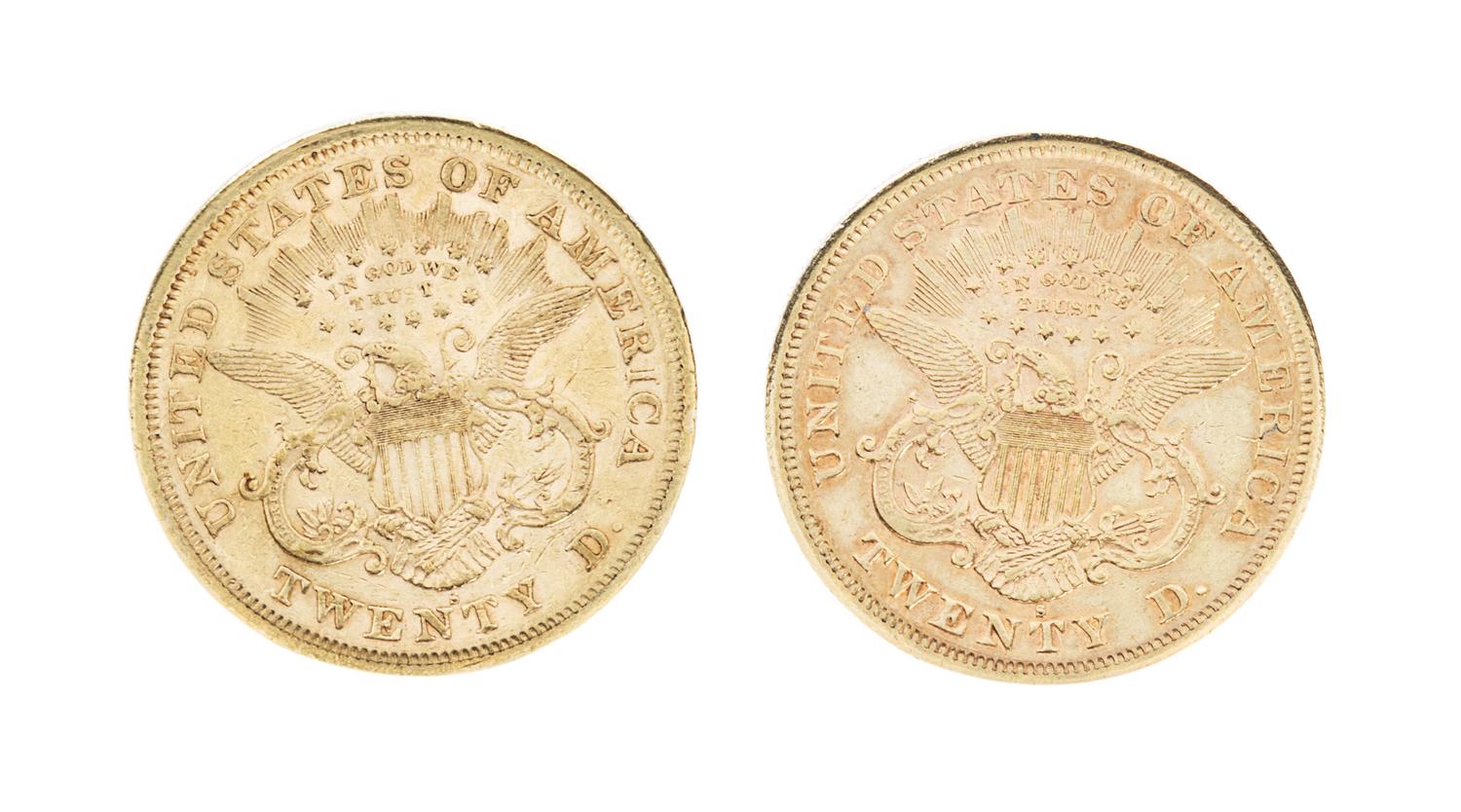 Two United States Liberty Head $20 Gold Coins 2 ozt 3 dwt — 1873-S, 1876-S