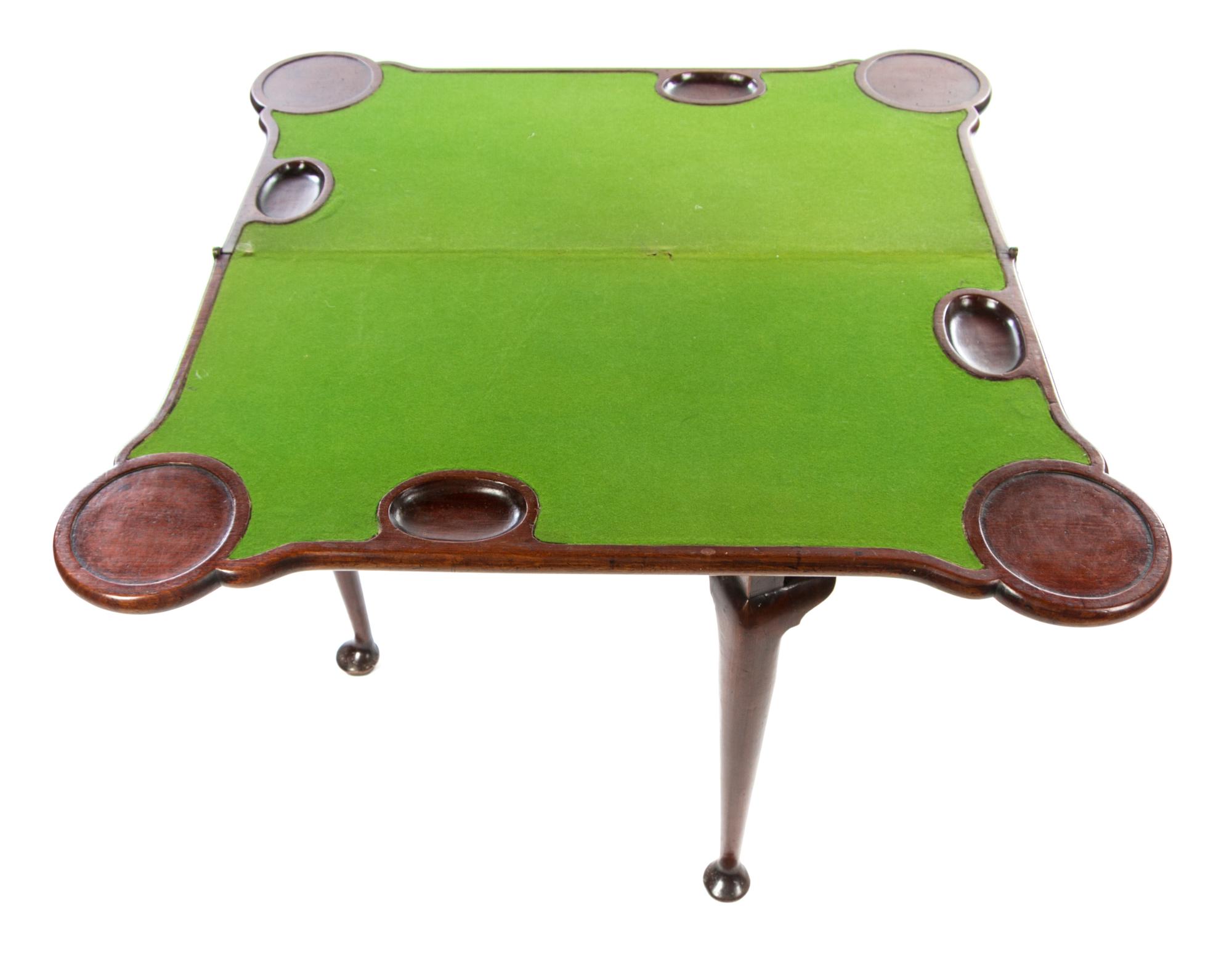 A George III Mahogany Flip-Top Card Table Height 27 3/4 x width 33 1/2 x depth when closed 16 1/2 inches. — LATE 18TH CENTURY