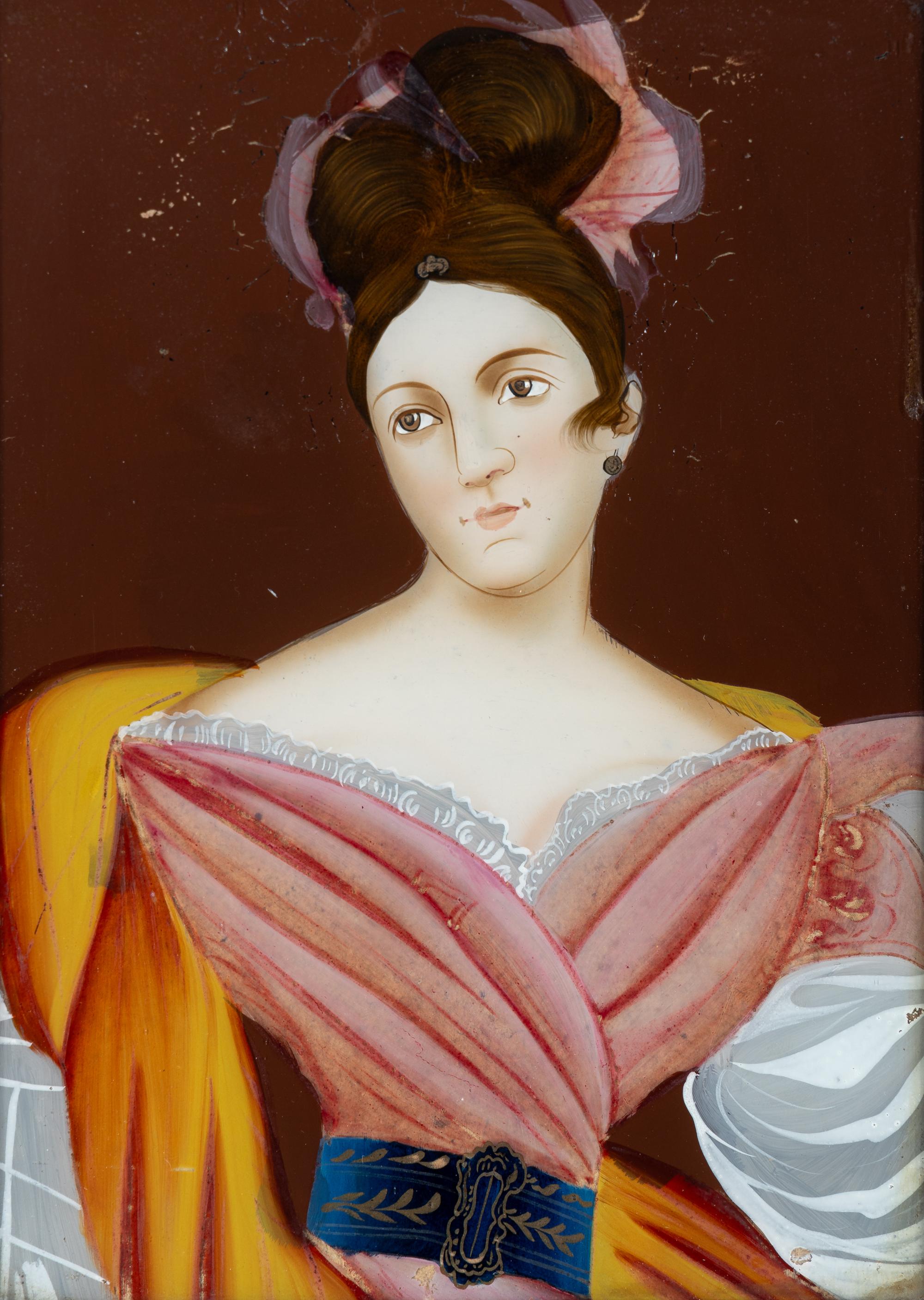 A Chinese Export Reverse Painted Glass Portrait of a Young Lady