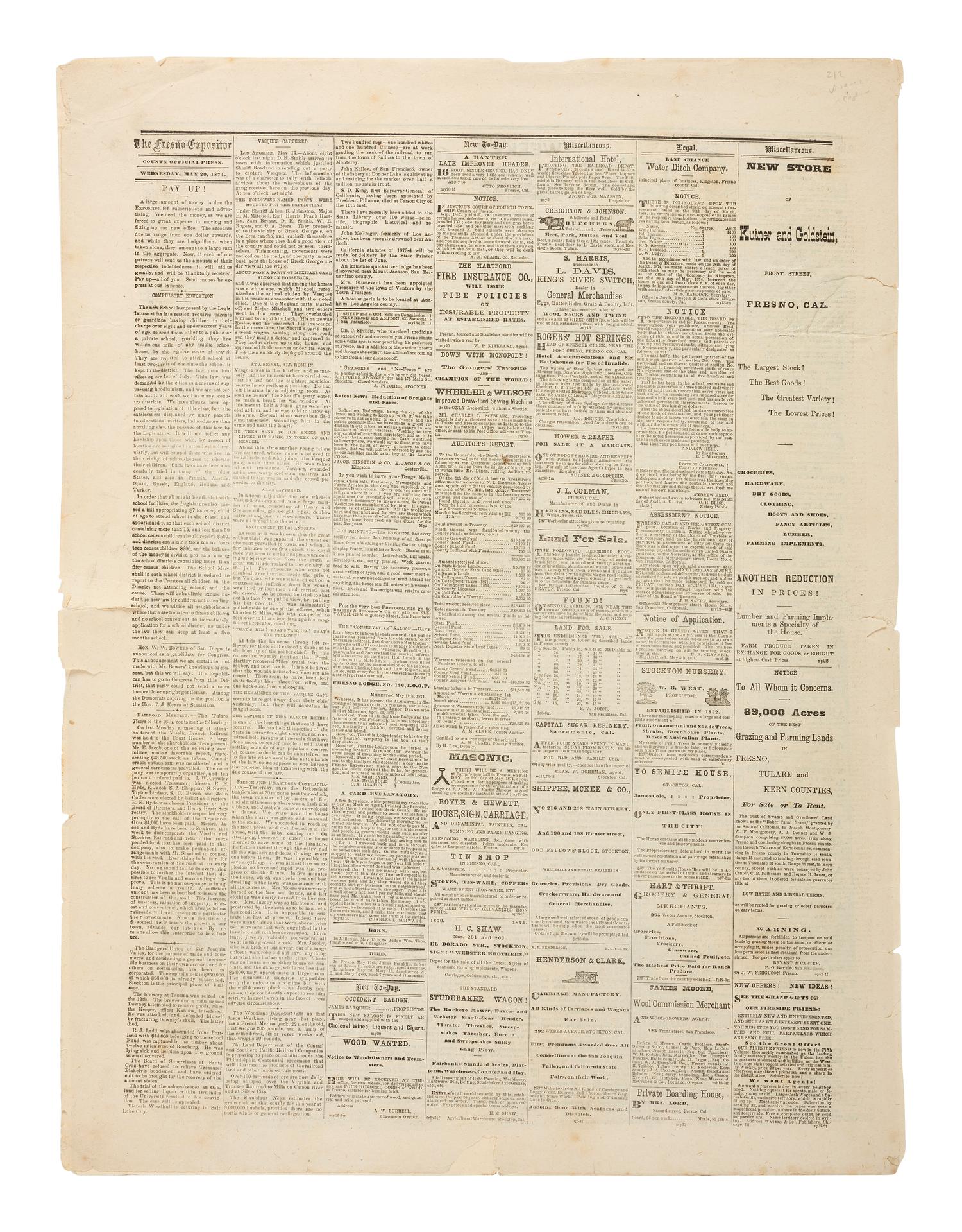 [OUTLAWS & LAWMEN]. The Weekly Fresno Expositor . Vol. 5, No. 5. Fresno, CA: J.W. Ferguson, 20 May 1874. Containing report of the capture of California bandit Tiburcio Vasquez.