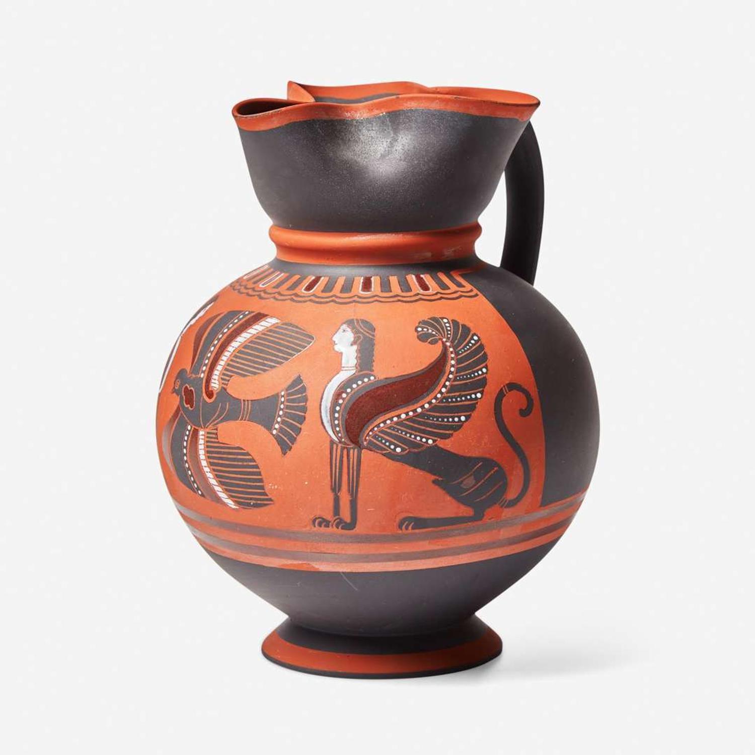 A Wedgwood Encaustic-Decorated Black Basalt Ale Jug with Sphinxes UK, 1850s