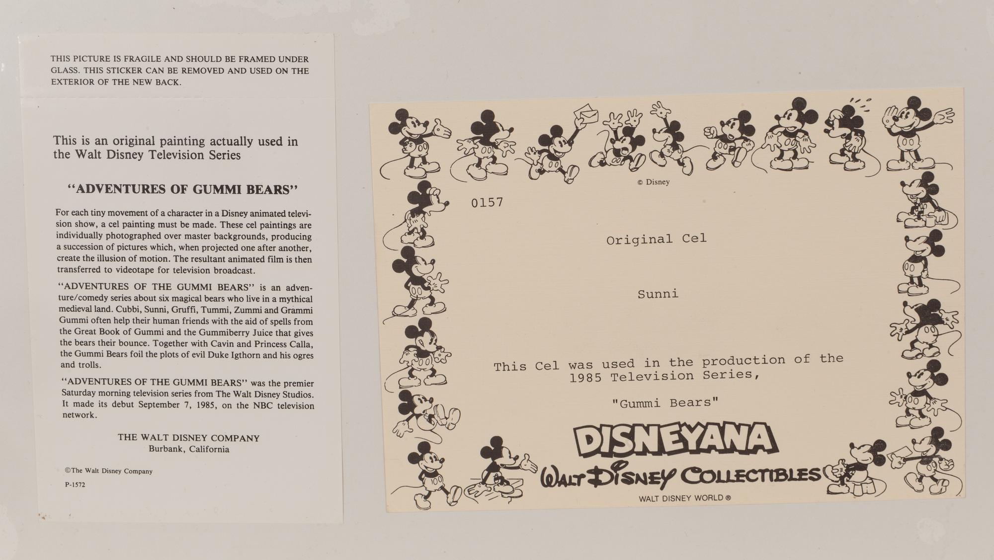Two production cels from the 1985 Walt Disney television series, "Adventures of the Gummi Bears," depicting Sunni and Cavin and Princess Calla.