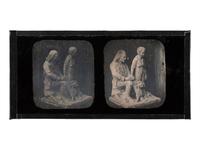 [EARLY PHOTOGRAPHY]. DUBOSCQ-SOLEIL, (Louis) Jules (1817-1886), photographer. Stereodaguerreotype of sculpture depicting man posed with young boy and dog.