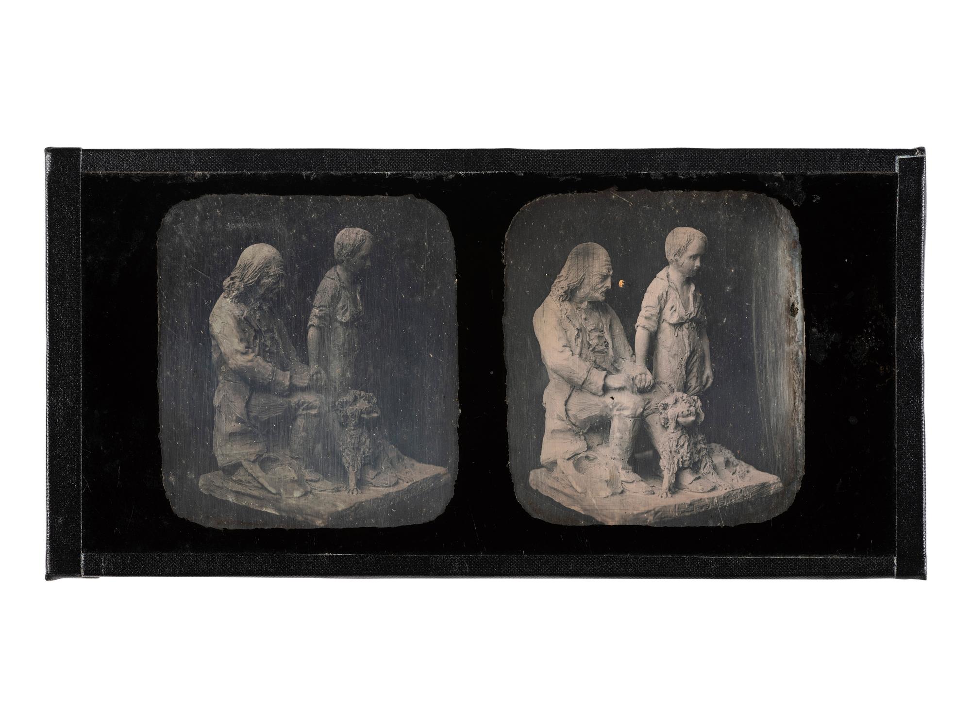 [EARLY PHOTOGRAPHY]. DUBOSCQ-SOLEIL, (Louis) Jules (1817-1886), photographer. Stereodaguerreotype of sculpture depicting man posed with young boy and dog.