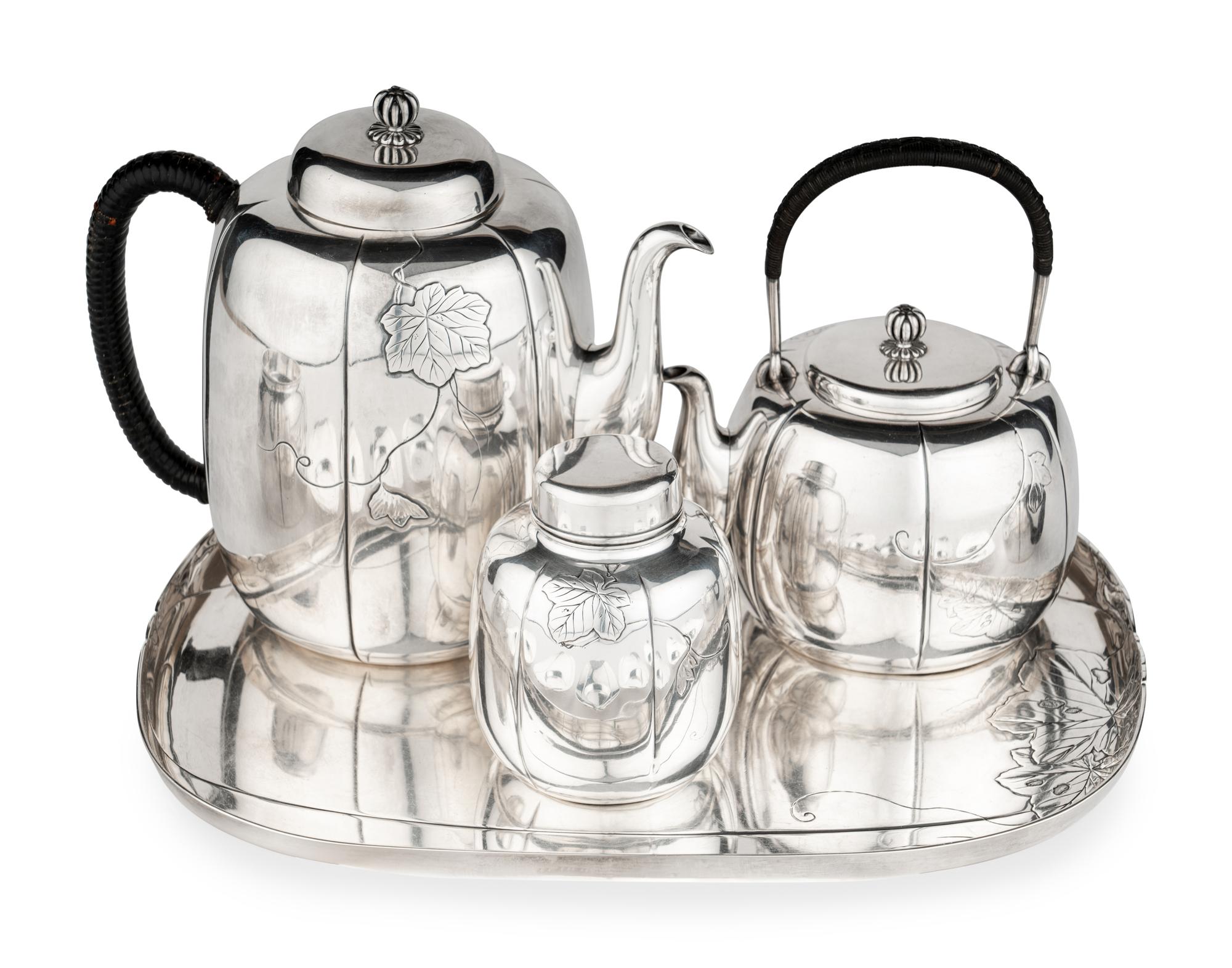 A Japanese Export Silver Tea Set and Tray