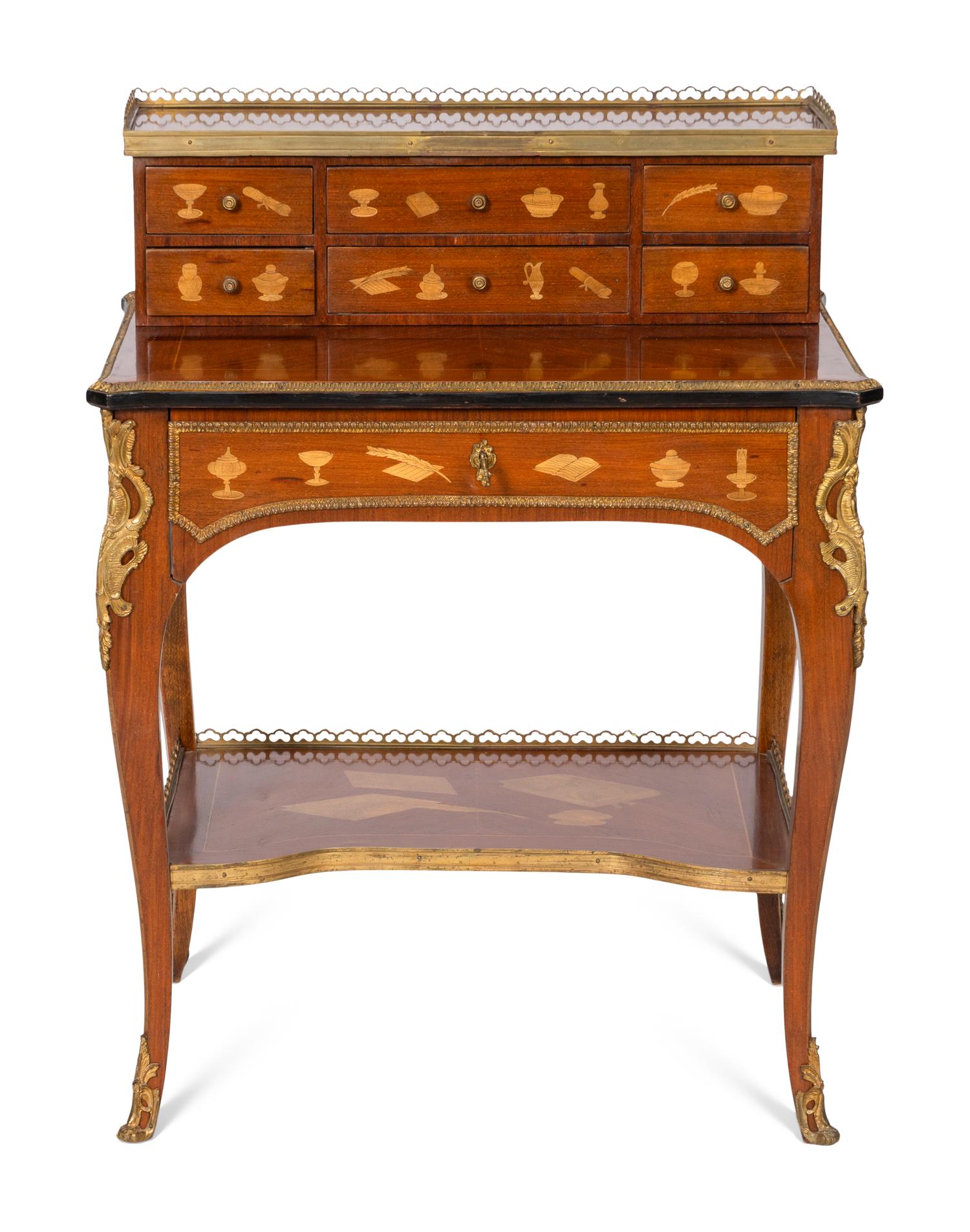 A Louis XV Style Gilt Bronze Mounted Marquetry Bonheur Du Jour